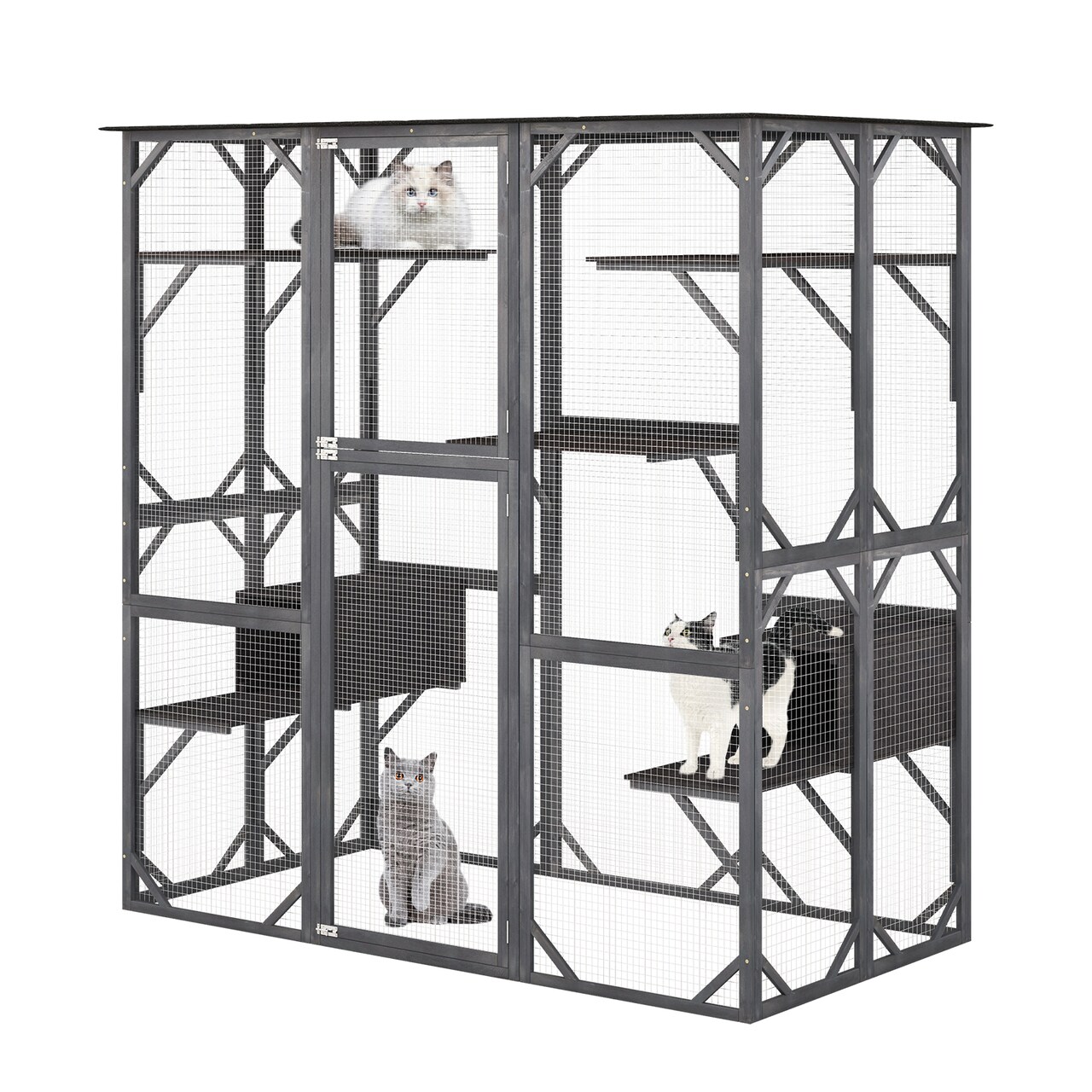 Grey Tall Outdoor Wooden Cat House with 6 Side and 1 Middle Platforms Suitable for Indoor and Outdoor Use